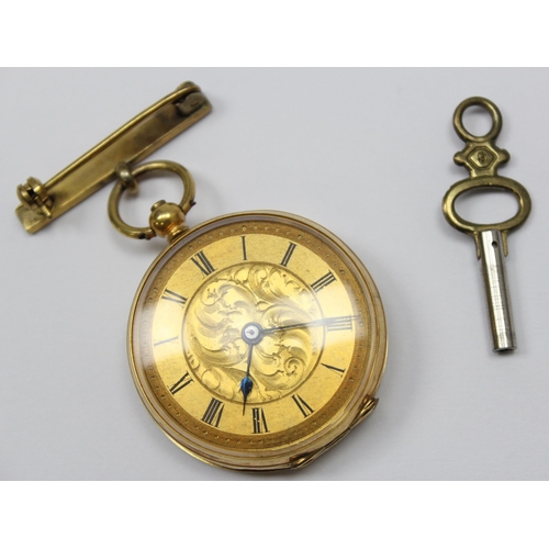 1301 - An antique 9ct gold fob watch with nurse's type pendant mount, marked 9c and XRF confirmed, with key... 