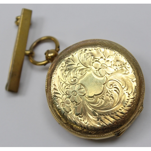 1301 - An antique 9ct gold fob watch with nurse's type pendant mount, marked 9c and XRF confirmed, with key... 