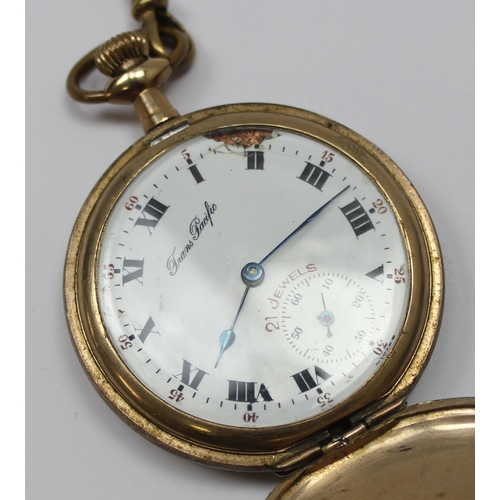 1302 - Vintage gold plated Trans-Pacific full hunter pocket watch with a gold plated Albert chain