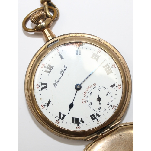 1302 - Vintage gold plated Trans-Pacific full hunter pocket watch with a gold plated Albert chain