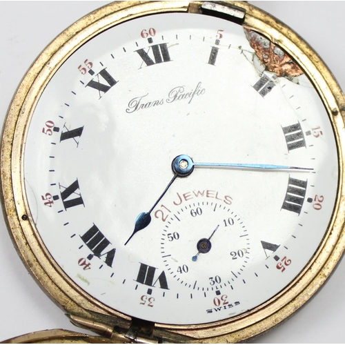 1302 - Vintage gold plated Trans-Pacific full hunter pocket watch with a gold plated Albert chain