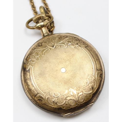 1302 - Vintage gold plated Trans-Pacific full hunter pocket watch with a gold plated Albert chain