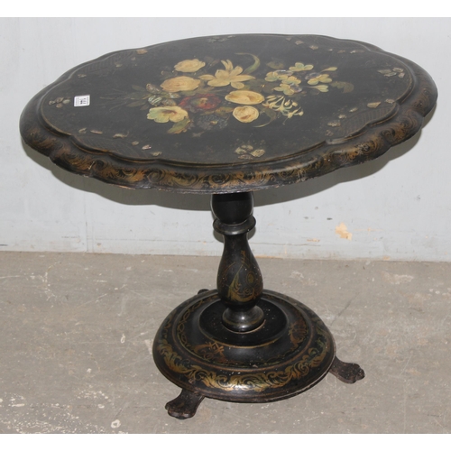 144 - A Victorian til topped papier mache table with hand painted floral decoration, AF, approx 60cm wide ... 