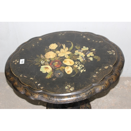 144 - A Victorian til topped papier mache table with hand painted floral decoration, AF, approx 60cm wide ... 