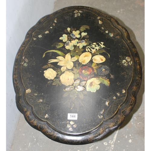144 - A Victorian til topped papier mache table with hand painted floral decoration, AF, approx 60cm wide ... 
