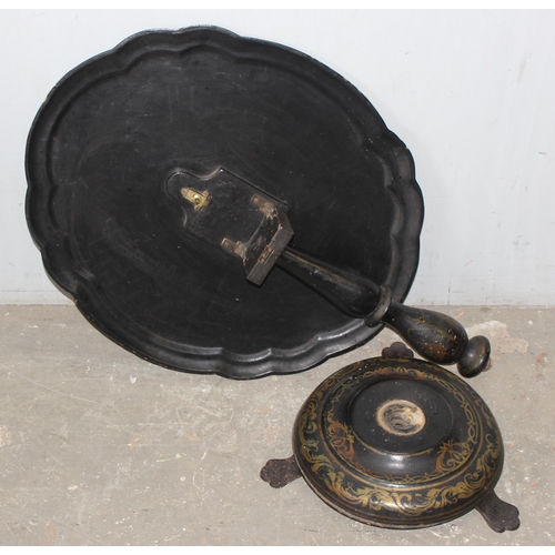 144 - A Victorian til topped papier mache table with hand painted floral decoration, AF, approx 60cm wide ... 