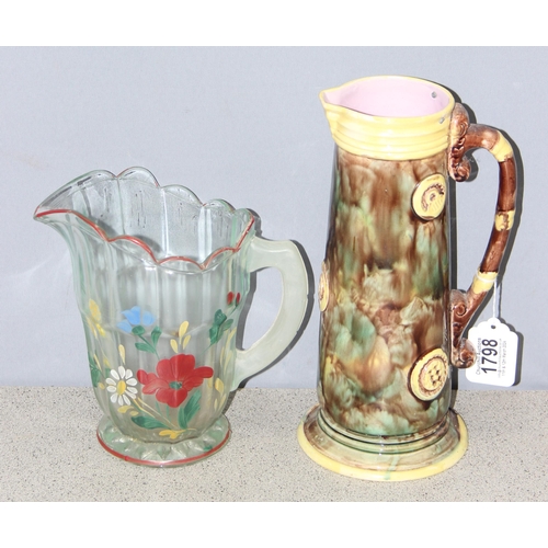 1798 - 19th century Majolica ewer jug and a retro hand painted glass pitcher, largest approx 28cm tall