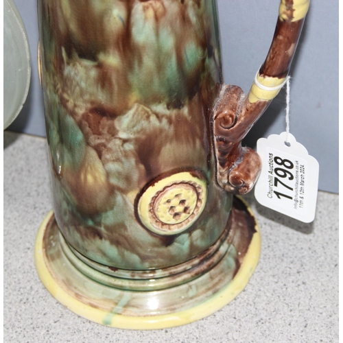 1798 - 19th century Majolica ewer jug and a retro hand painted glass pitcher, largest approx 28cm tall