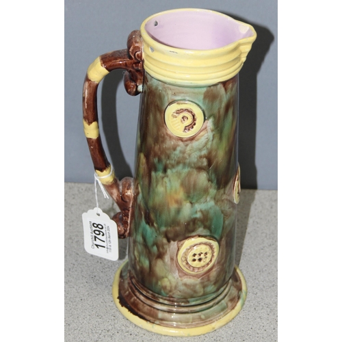 1798 - 19th century Majolica ewer jug and a retro hand painted glass pitcher, largest approx 28cm tall