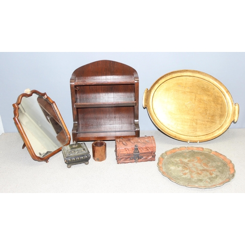 1803 - Mixed woodenware to include 2 Florentine style trays & an antique easel back mirror