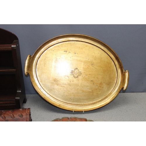 1803 - Mixed woodenware to include 2 Florentine style trays & an antique easel back mirror