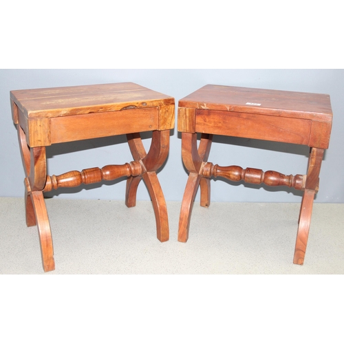 37 - A pair of wooden side tables with x framed base, approx 40cm wide x 31cm deep x 46cm tall