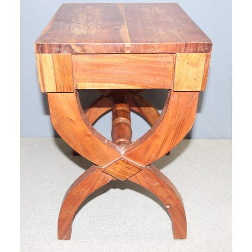 37 - A pair of wooden side tables with x framed base, approx 40cm wide x 31cm deep x 46cm tall