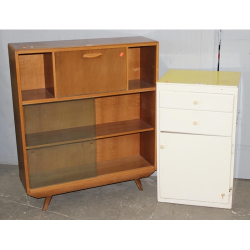 57 - An Avalon retro bookcase with glazed doors and small drop down bureau and a retro 2 drawer cupboard ... 