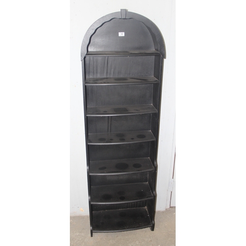 10 - A small vintage black painted waterfall bookcase, approx 55cm wide x 18cm deep x 175cm tall