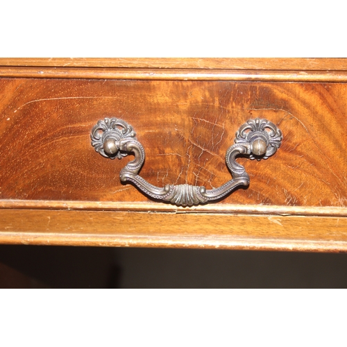 15 - A vintage mahogany pedestal desk with green gilt tooled leather top, approx 120cm wide x 60cm deep x... 