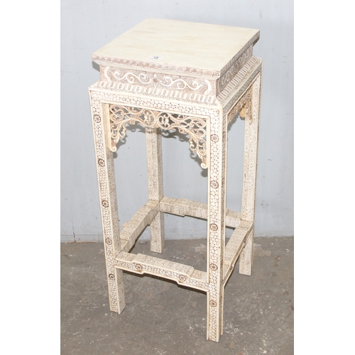 18 - An unusual vintage Chinese bone veneered side table or display stand with carved and engraved decora... 