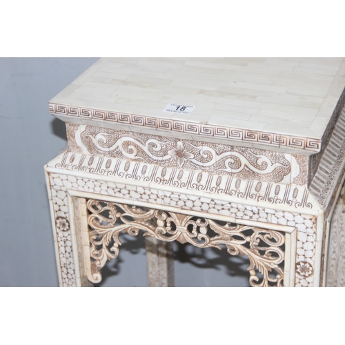 18 - An unusual vintage Chinese bone veneered side table or display stand with carved and engraved decora... 