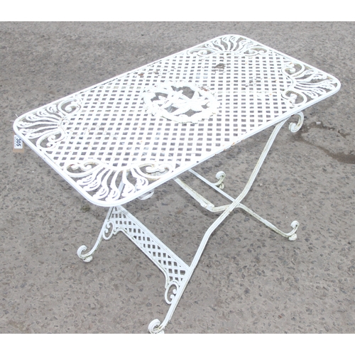 305 - A vintage white painted French style iron garden table, approx 85cm wide x 53cm deep x 60cm tall