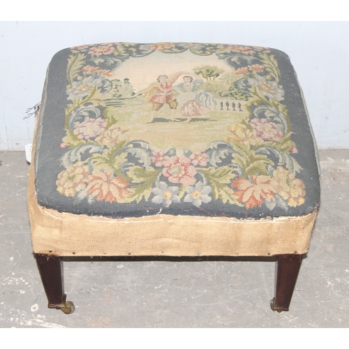 31 - In the manner of Howard & Sons, a Victorian tapestry topped footstool with tapering square mahogany ... 