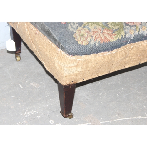 31 - In the manner of Howard & Sons, a Victorian tapestry topped footstool with tapering square mahogany ... 