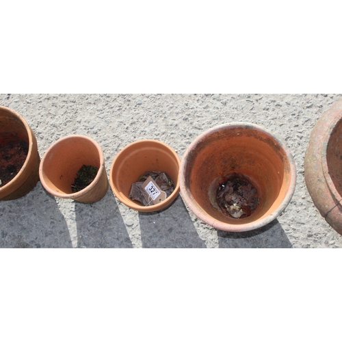 327 - 12 assorted terracotta garden planter pots, largest approx 36cm wide x 36cm deep x 23cm tall