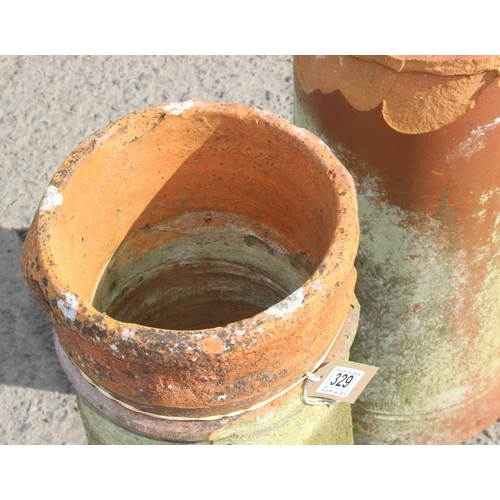 329 - Pair of vintage weathered terracotta chimney pot planters, largest approx 25cm wide x 25cm deep x 60... 