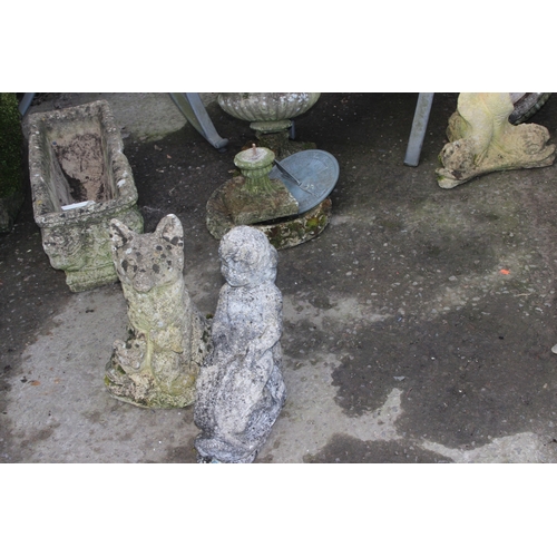 332 - 3 garden ornaments to inc a cherub fountain and fox etc, largest approx 44cm tall