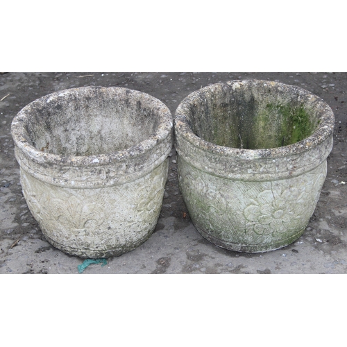 334 - 2 weathered concrete garden planters, each approx 30cm wide x 30cm deep x 25cm tall