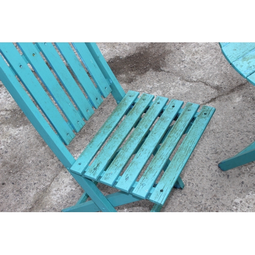 345 - A blue painted wooden Bistro table and 2 chairs, approx 70cm wide x 70cm deep x 74cm tall