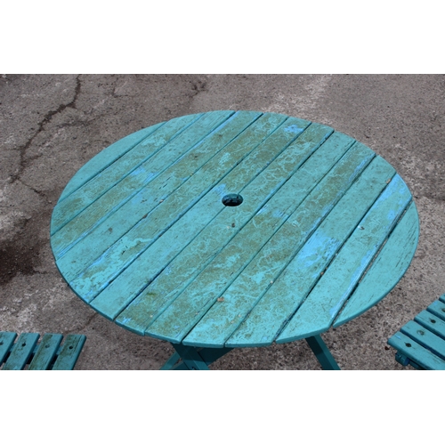 345 - A blue painted wooden Bistro table and 2 chairs, approx 70cm wide x 70cm deep x 74cm tall