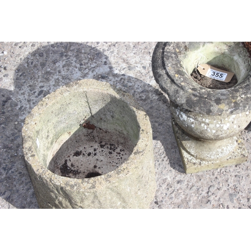 355 - 3 Concrete garden plant pots to inc a pair of bark effect planters, largest approx 25cm wide x 25cm ... 