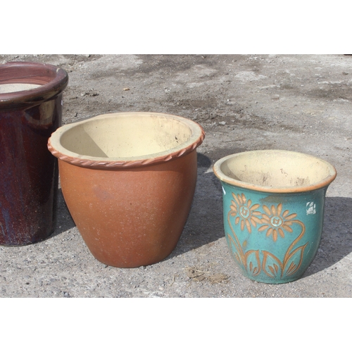 356 - 4 assorted glazed garden plant pots, largest approx 35cm wide x 35cm deep x 44cm tall