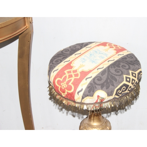 40 - A gold painted demilune table and a gold painted upholstered piano stool, the table approx 60cm wide