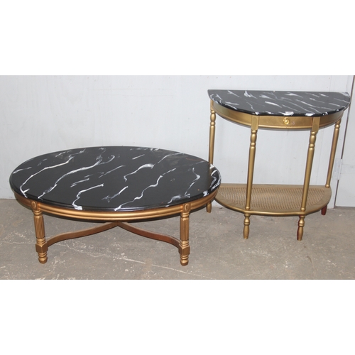 41 - 2 gilt and marble effect painted tables, demilune and coffee table, the coffee table approx 112cm wi... 