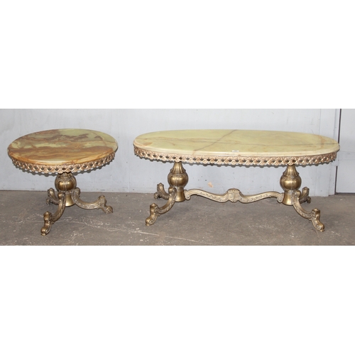 43 - 2 vintage onyx and gilt metal coffee tables, the larger approx 120cm wide x 50cm deep x 47cm tall