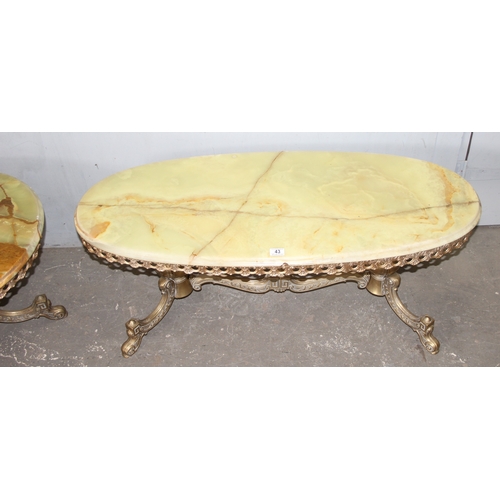 43 - 2 vintage onyx and gilt metal coffee tables, the larger approx 120cm wide x 50cm deep x 47cm tall