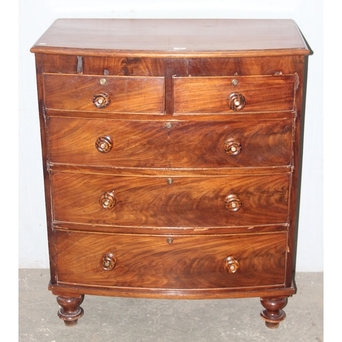 48 - A Victorian 2 over 3 mahogany chest of drawers with unusual handles and turned feet, approx 92cm wid... 