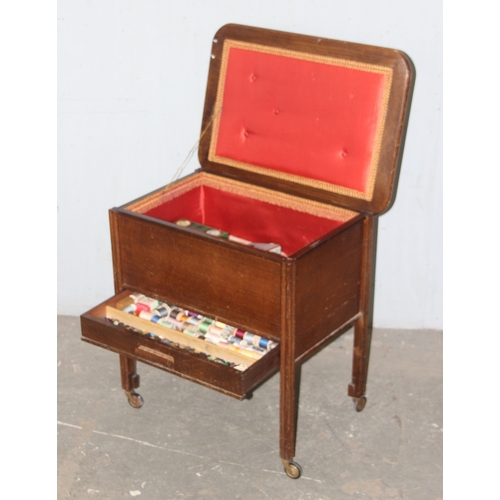 51 - Retro oak sewing box and contents, approx 63cm wide x 44cm deep x 63cm tall