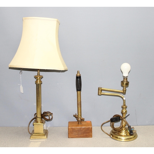 232 - 3 assorted brass lamps, one formed from a vintage sprayer, the largest approx 75cm tall