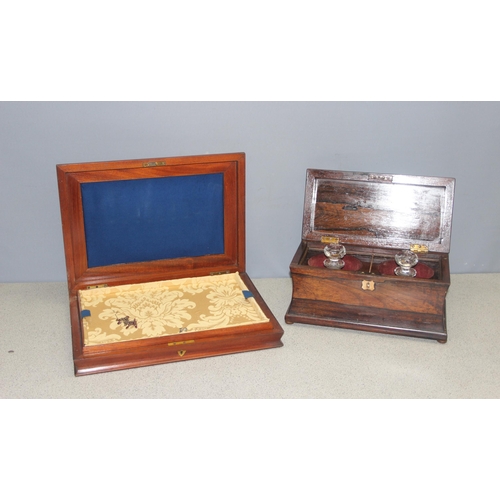 272 - Antique sarcophagus shaped rosewood tea caddy converted to decanter box with 2 cut-glass decanters a... 