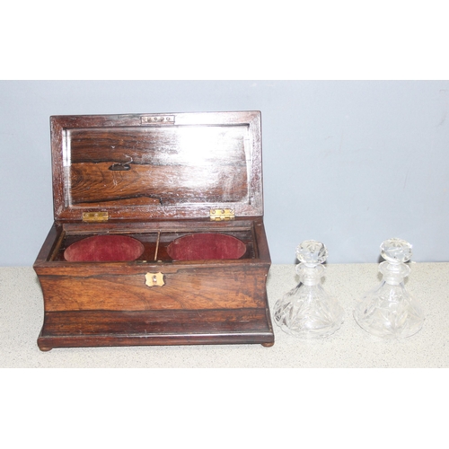 272 - Antique sarcophagus shaped rosewood tea caddy converted to decanter box with 2 cut-glass decanters a... 