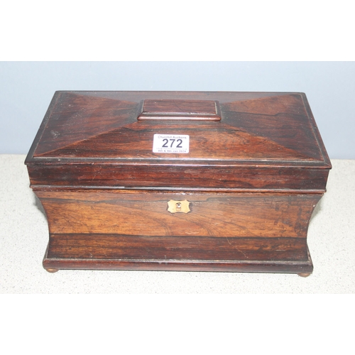 272 - Antique sarcophagus shaped rosewood tea caddy converted to decanter box with 2 cut-glass decanters a... 