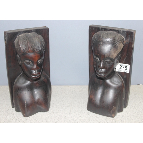 275 - Pair of carved ebony African bust bookends, approx 24cm H