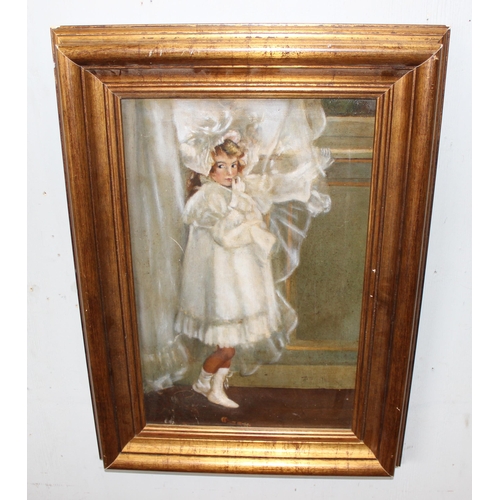 423 - An antique oil on canvas depicting a flower girl in wedding dress, seemingly unsigned, approx 71cm x... 