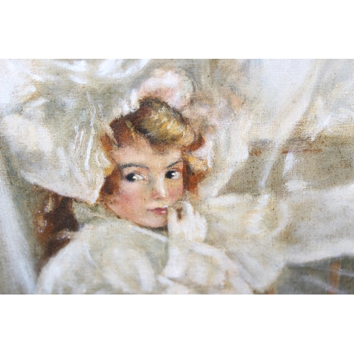 423 - An antique oil on canvas depicting a flower girl in wedding dress, seemingly unsigned, approx 71cm x... 