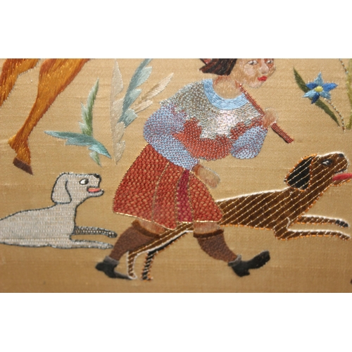 424 - A 17th century style embroidery depicting mounted huntsmen with dogs and stags, approx 80cm x 55cm i... 