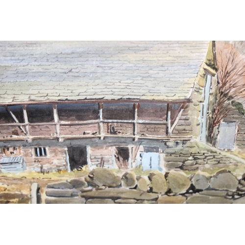 426 - E Greig Hall, (20th century), watercolour depicting derelict farm buildings, signed, approx 70cm x 5... 