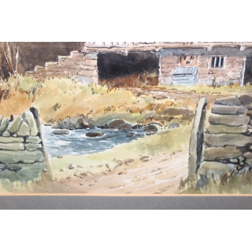 426 - E Greig Hall, (20th century), watercolour depicting derelict farm buildings, signed, approx 70cm x 5... 