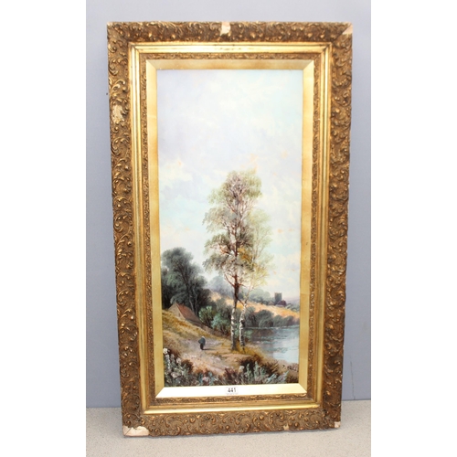 441 - Large vintage oil on board in ornate gesso frame of a rural scene signed T. Hall, approx 104cm x 57c... 